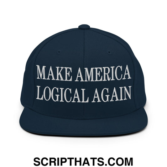 Navy blue snapback hat with white embroidered make America logical again text and flat bill brim design