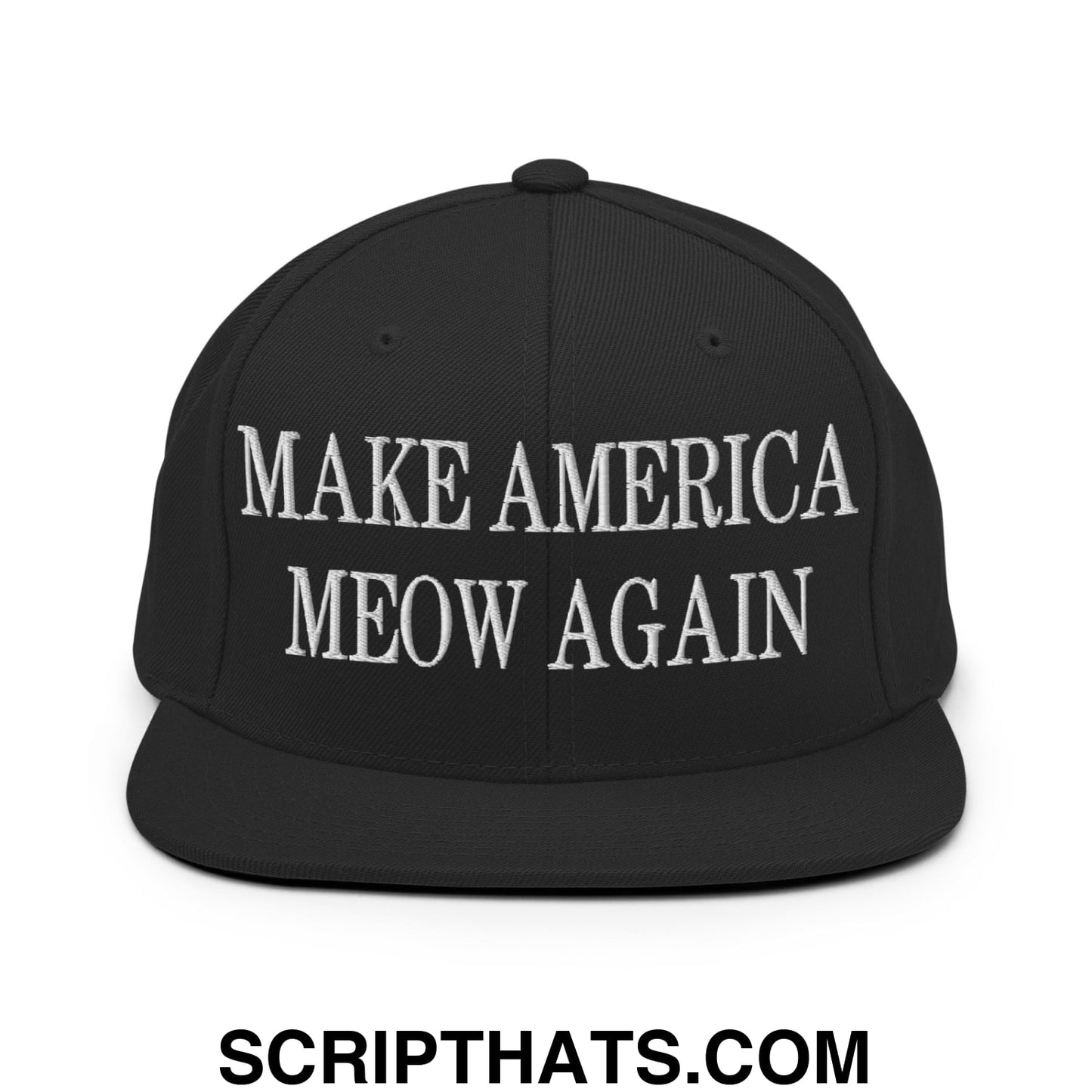 Black snapback hat with white embroidered make america meow again text and flat bill brim for casual wear