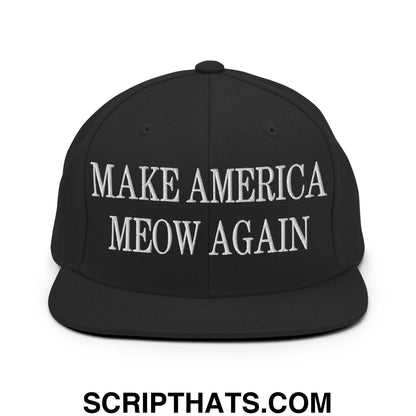 Black snapback hat with white embroidered make america meow again text and flat bill brim for casual wear