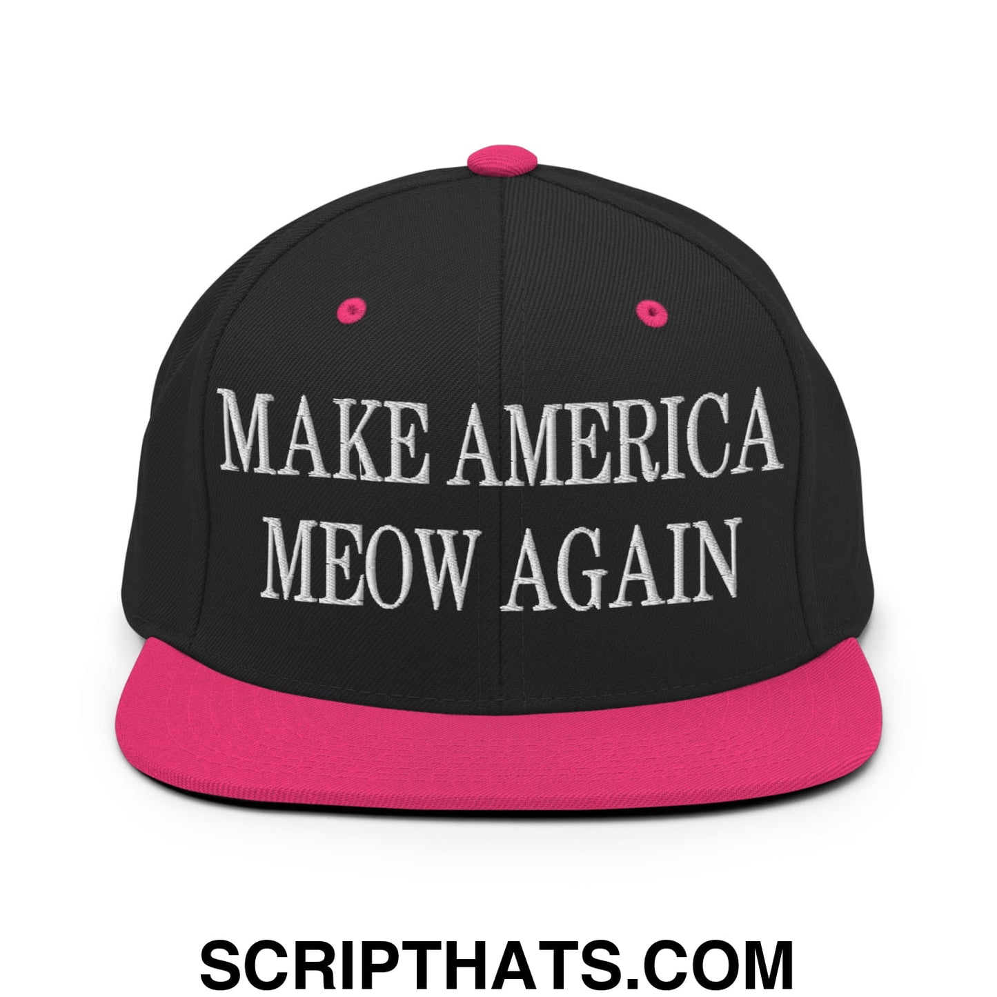 Black snapback cap with vibrant pink brim and button featuring white embroidered make america meow again text