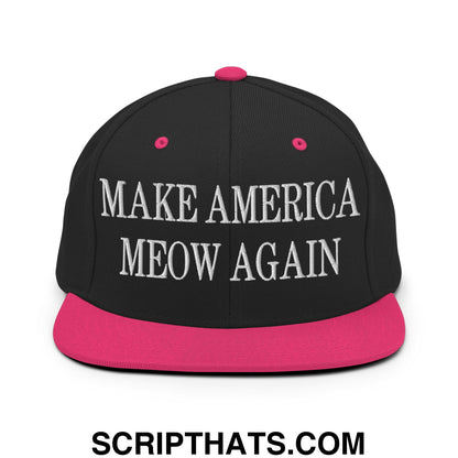 Black snapback cap with vibrant pink brim and button featuring white embroidered make america meow again text
