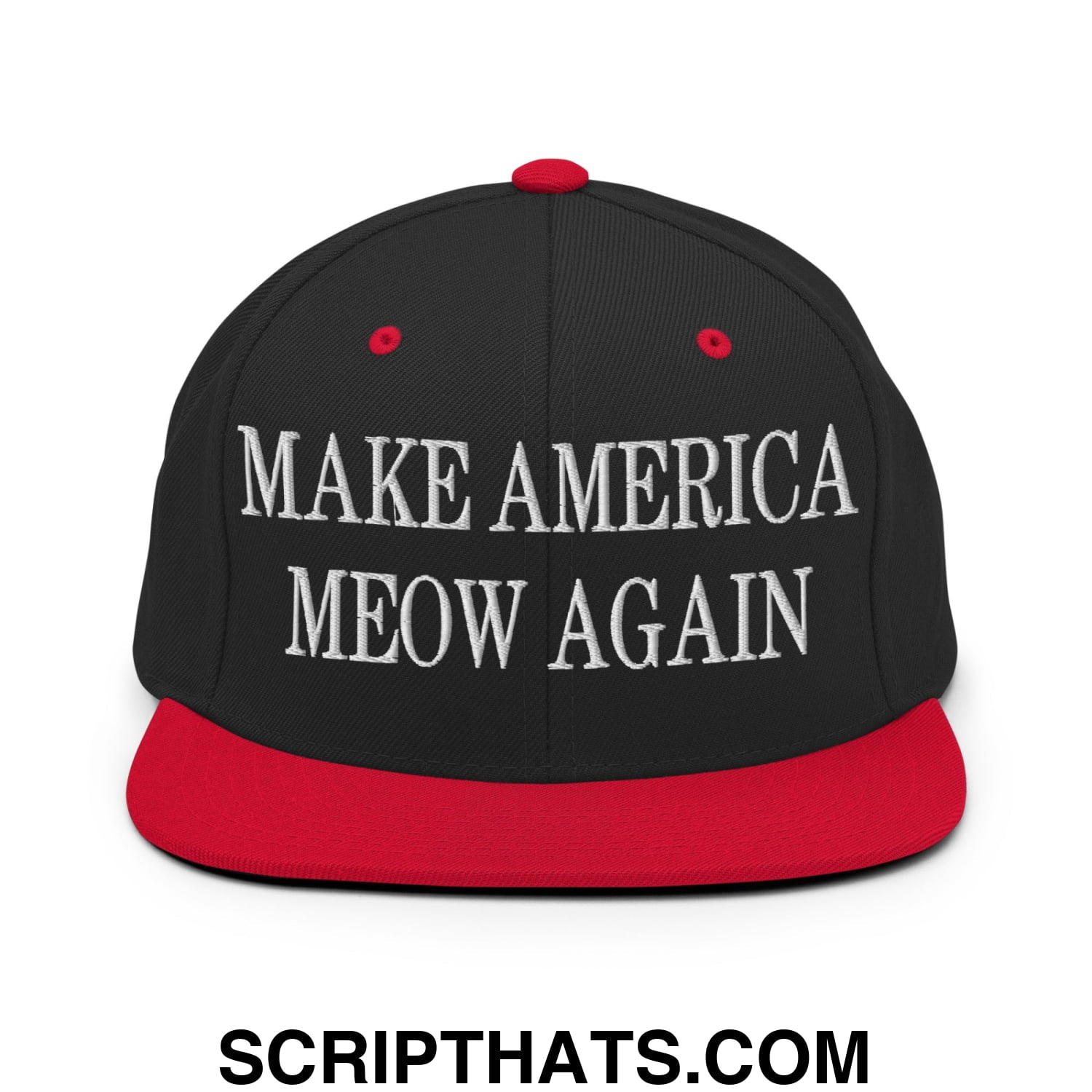 Black and red snapback hat with white embroidered text make america meow again flat bill brim design