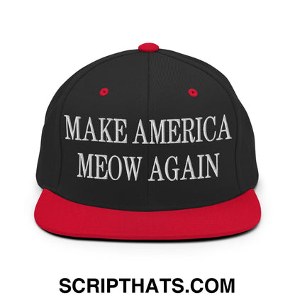 Black and red snapback hat with white embroidered text make america meow again flat bill brim design