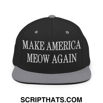 Black snapback cap with gray brim and white embroidered make america meow again text flat bill brim snapback hat