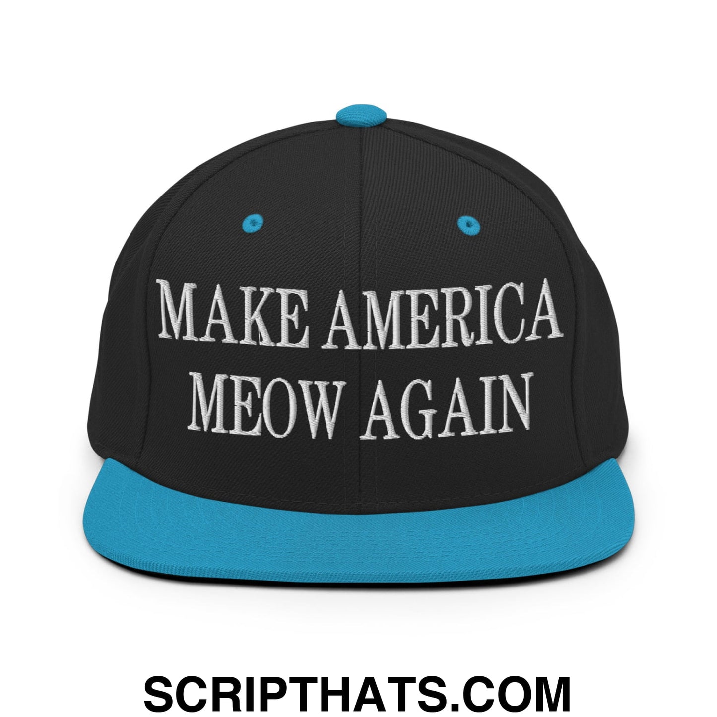 Black snapback hat with teal brim and button featuring white embroidered text make america meow again