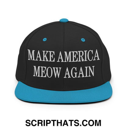 Black snapback hat with teal brim and button featuring white embroidered text make america meow again