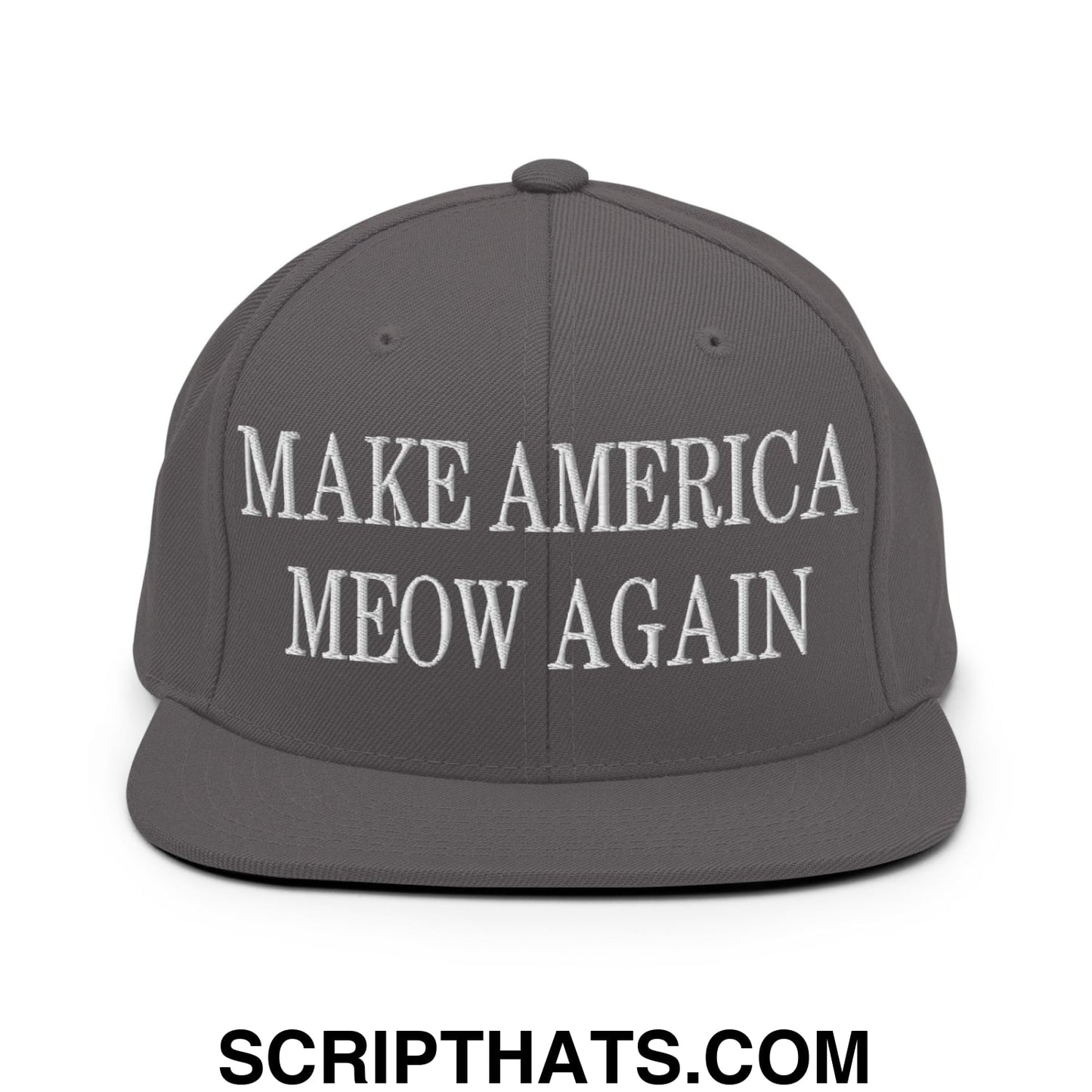 Gray snapback hat with white embroidered text make america meow again and flat bill brim design