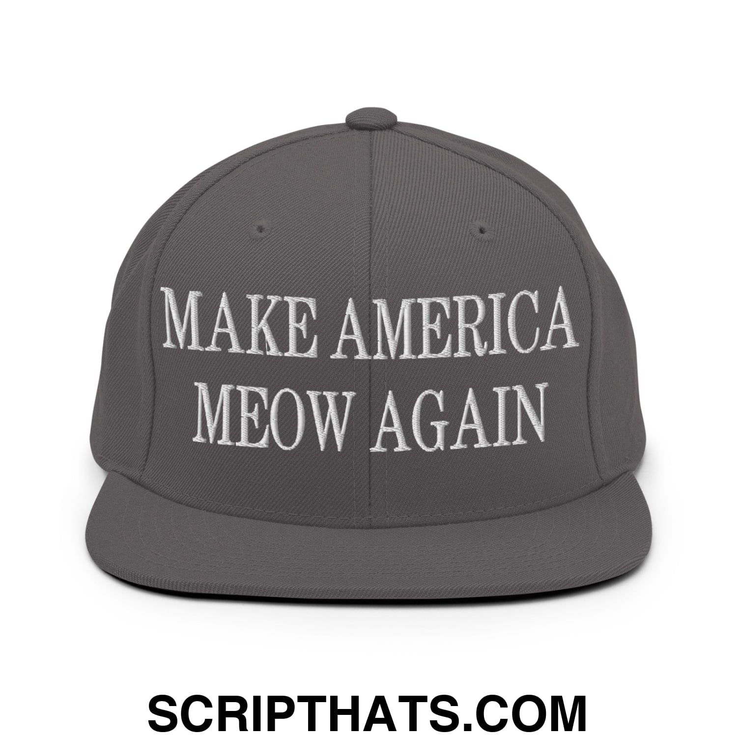 Gray snapback hat with white embroidered text make america meow again and flat bill brim design
