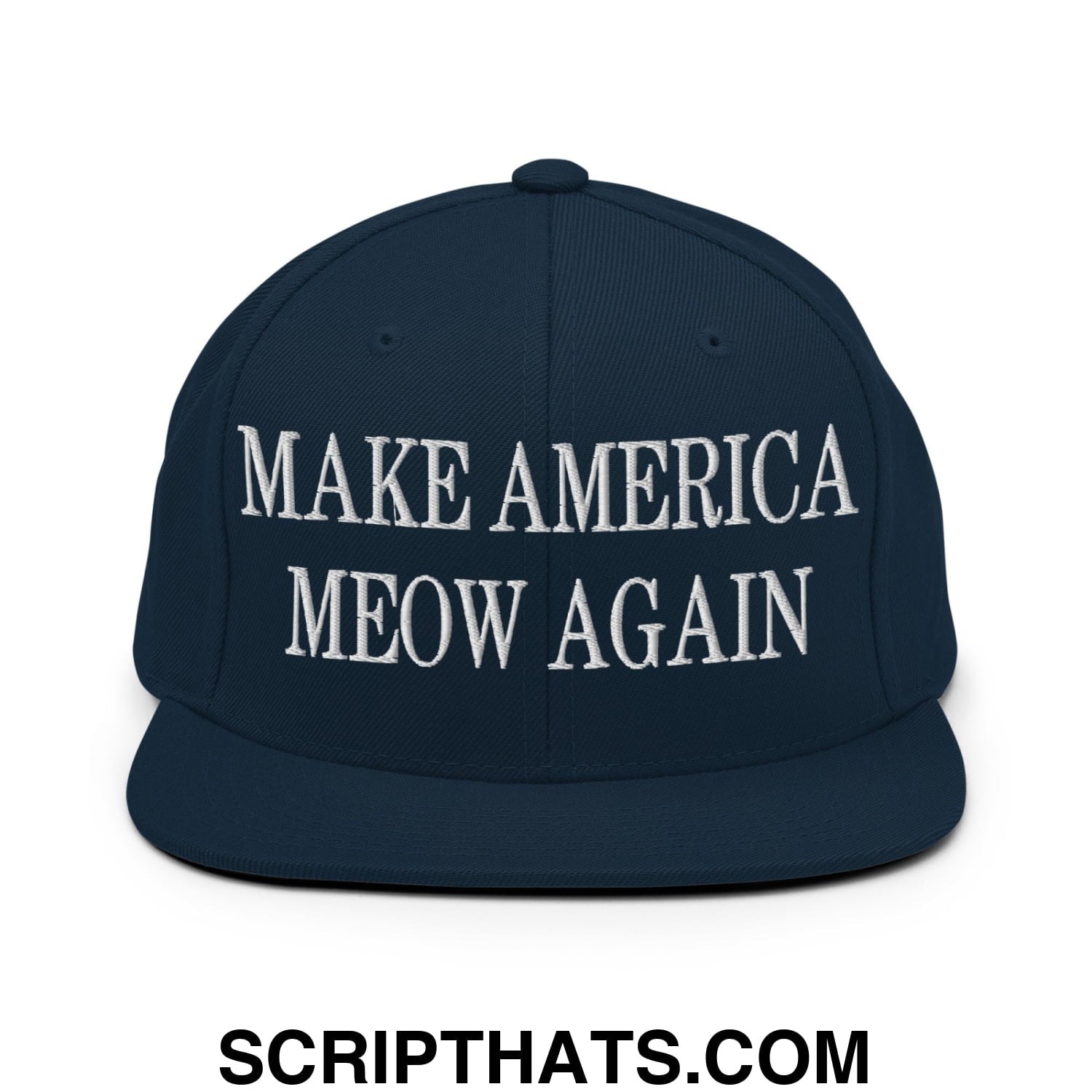 Navy blue snapback hat with a flat bill brim and white embroidered text make America meow again