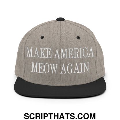 Gray snapback hat with black brim featuring embroidered white text make america meow again in flat bill design