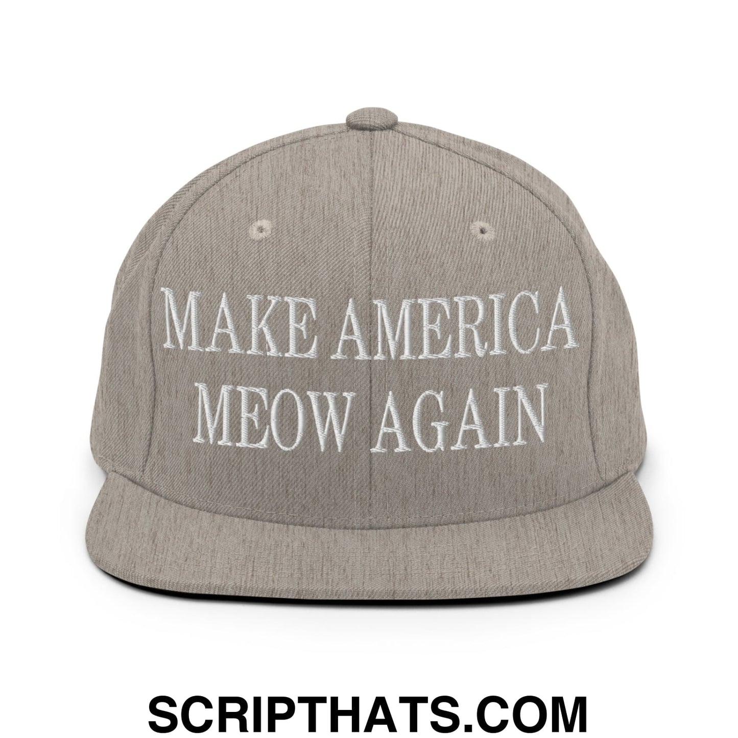 Gray snapback hat with white embroidered text make america meow again featuring a flat bill brim