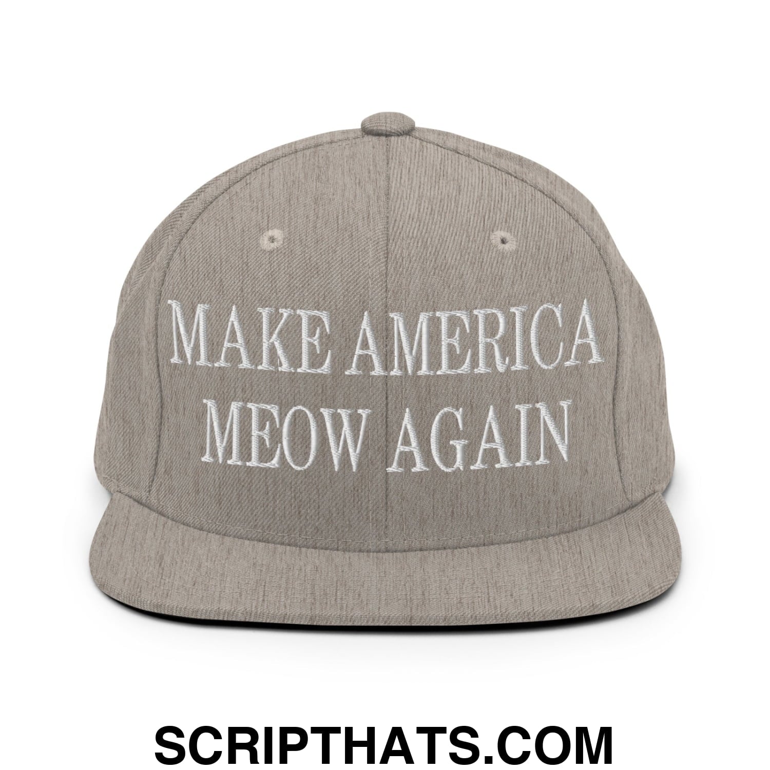 Gray snapback hat with white embroidered text make america meow again featuring a flat bill brim