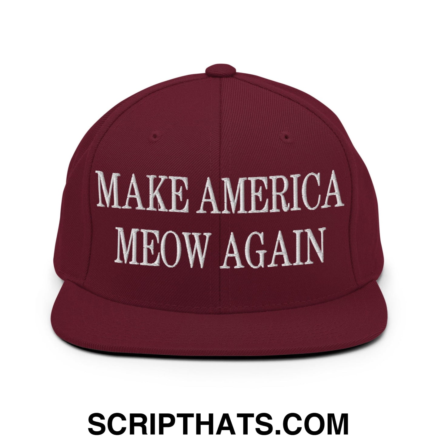 Maroon snapback cap with white embroidered make america meow again text and flat bill brim for casual wear