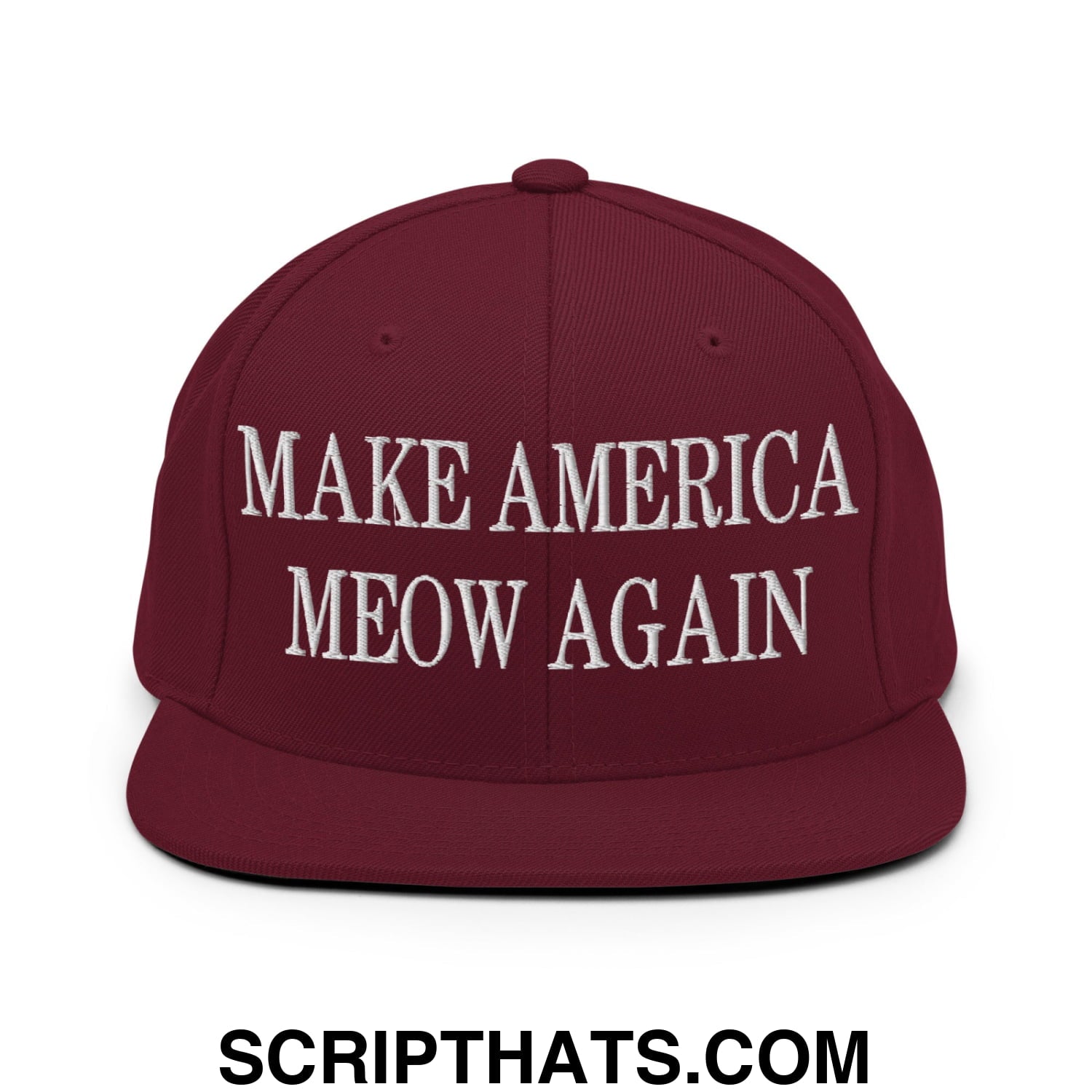 Maroon snapback cap with white embroidered make america meow again text and flat bill brim for casual wear
