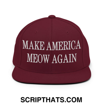 Maroon snapback cap with white embroidered make america meow again text and flat bill brim for casual wear