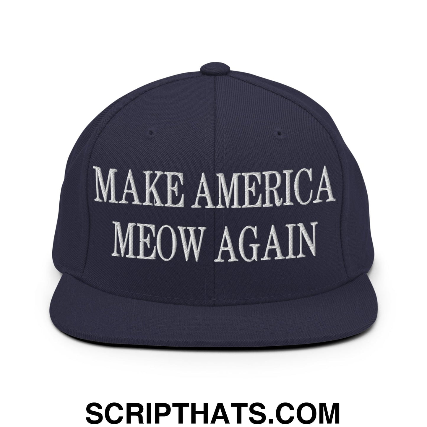 Navy blue snapback hat with white embroidered make america meow again text and flat bill brim design