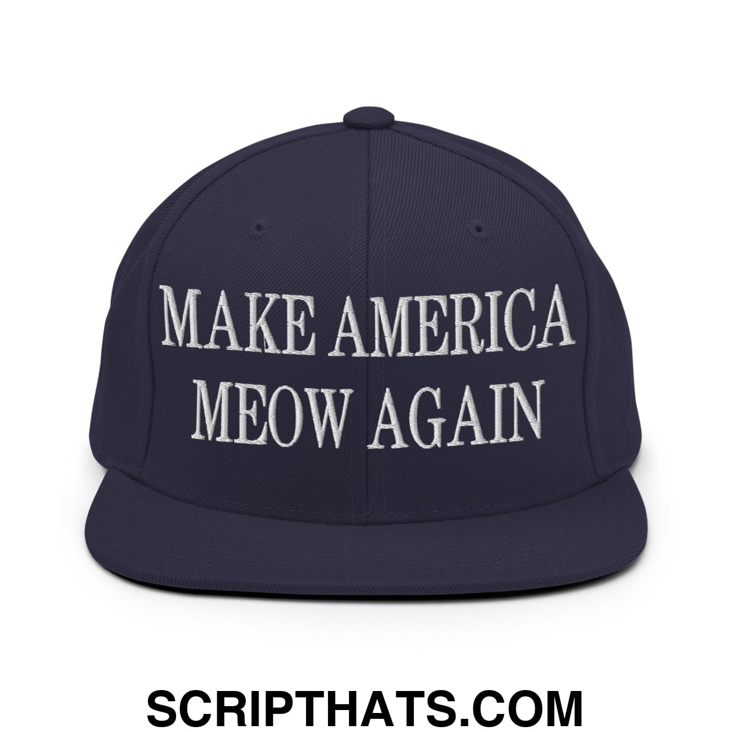 Navy blue snapback hat with white embroidered make america meow again text and flat bill brim design