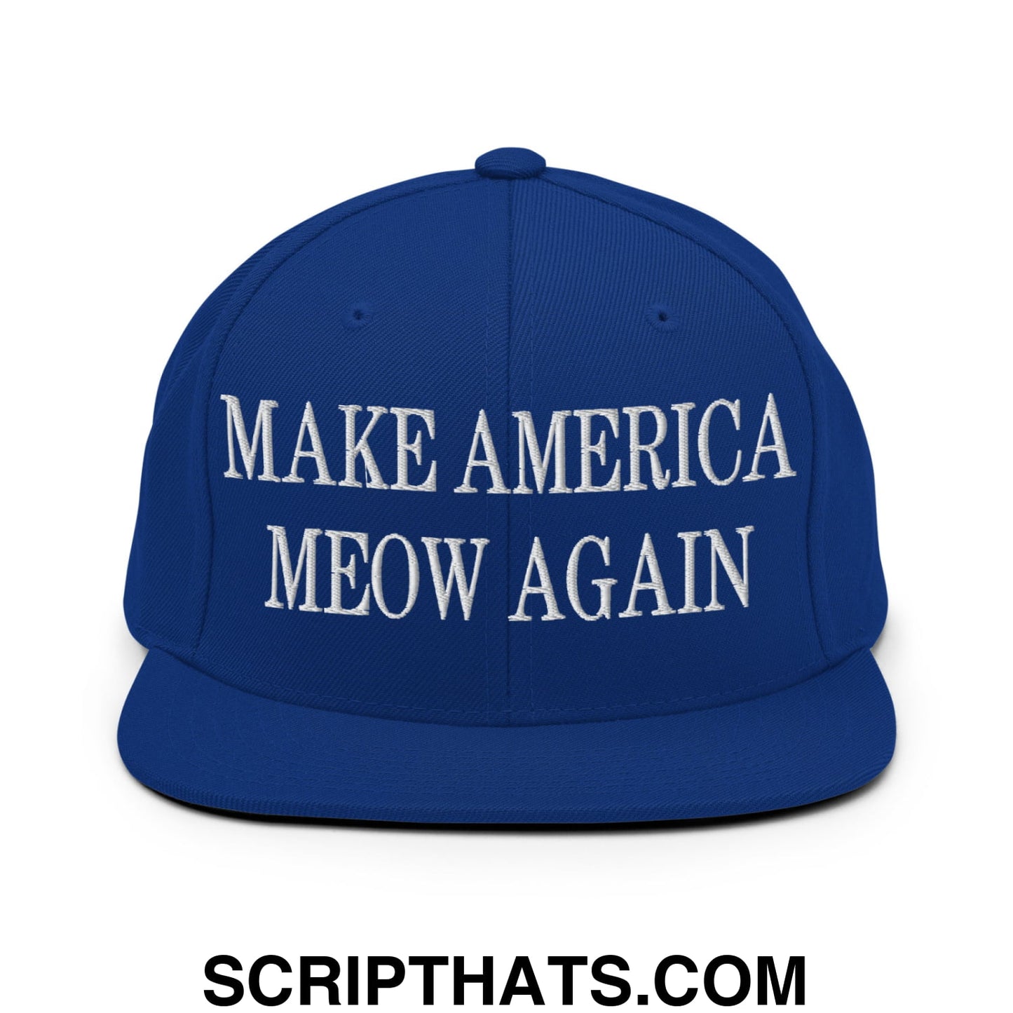 Royal blue snapback hat with white embroidered make America meow again text and flat bill brim design