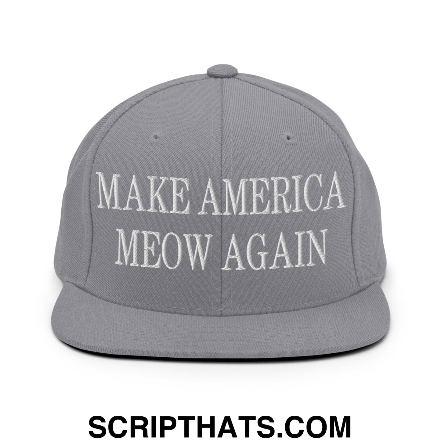 Gray flat bill brim snapback hat with white embroidered text make america meow again for casual wear