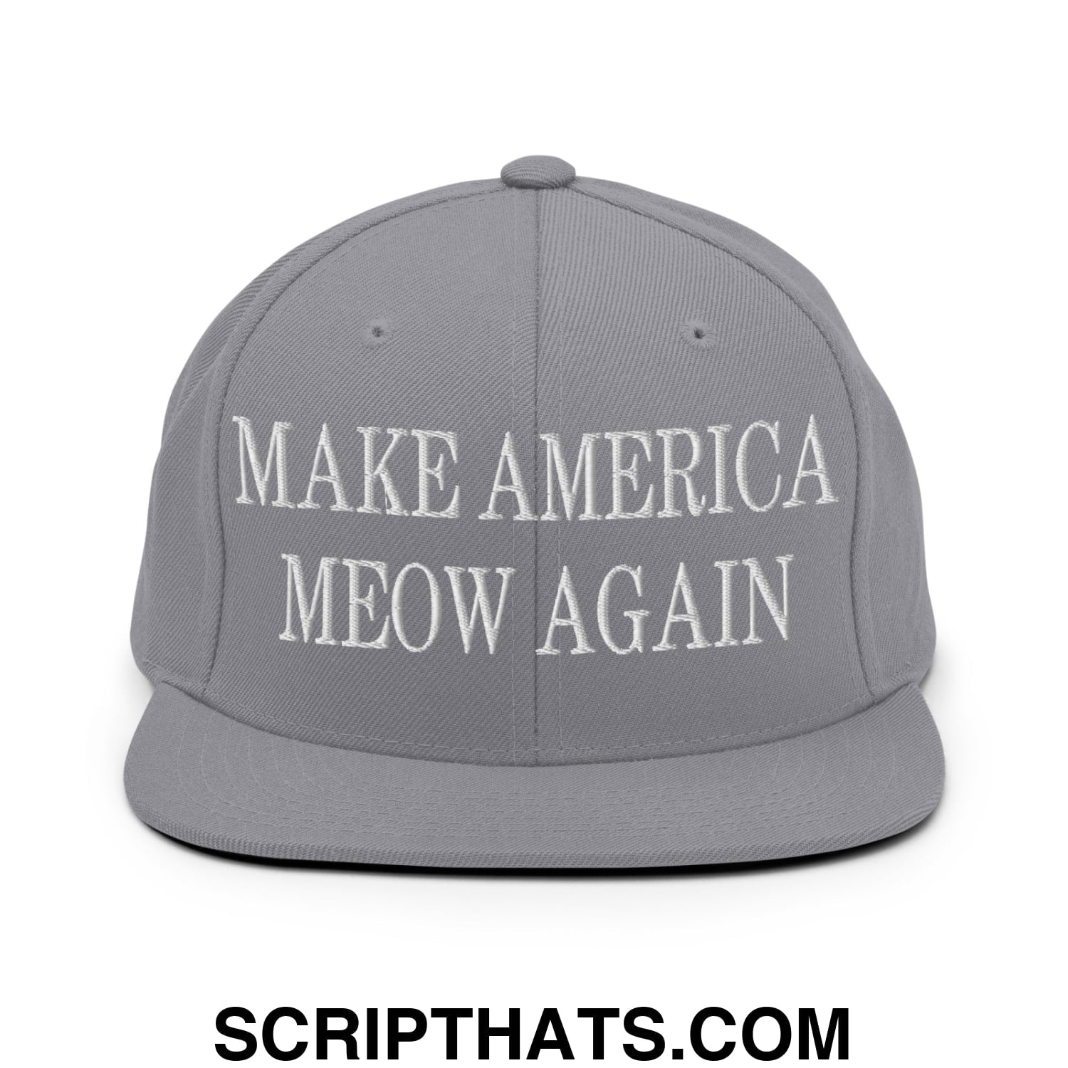 Gray flat bill brim snapback hat with white embroidered text make america meow again for casual wear