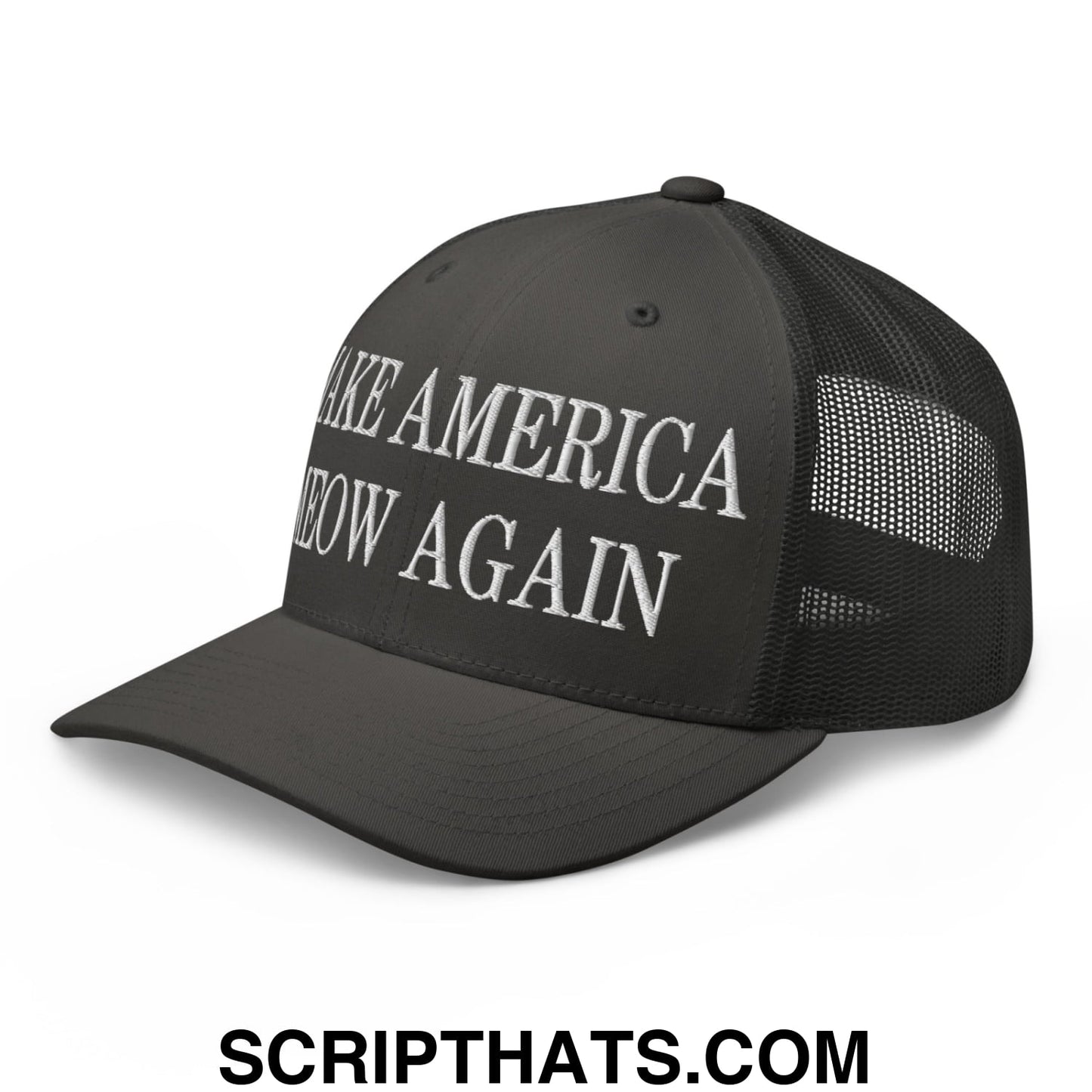 Black mesh trucker hat with white embroidered make america great again text titled make america meow again hat