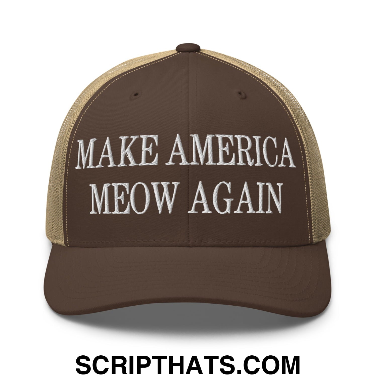 Brown and tan mesh trucker hat with white embroidered text reading make america meow again