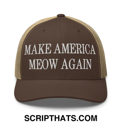 Brown and tan mesh trucker hat with white embroidered text reading make america meow again