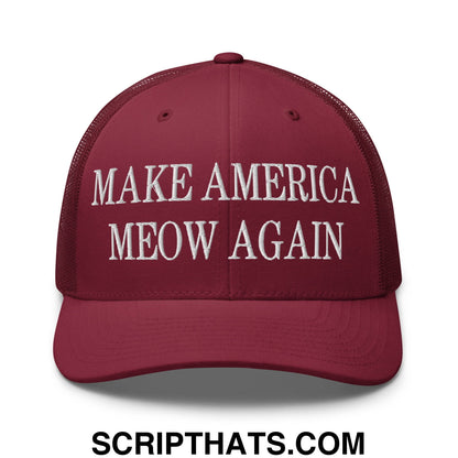 Maroon embroidered mesh trucker hat with white make america meow again text for casual wear
