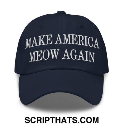 Navy blue unstructured dad hat embroidered with white text make america meow again for casual wear