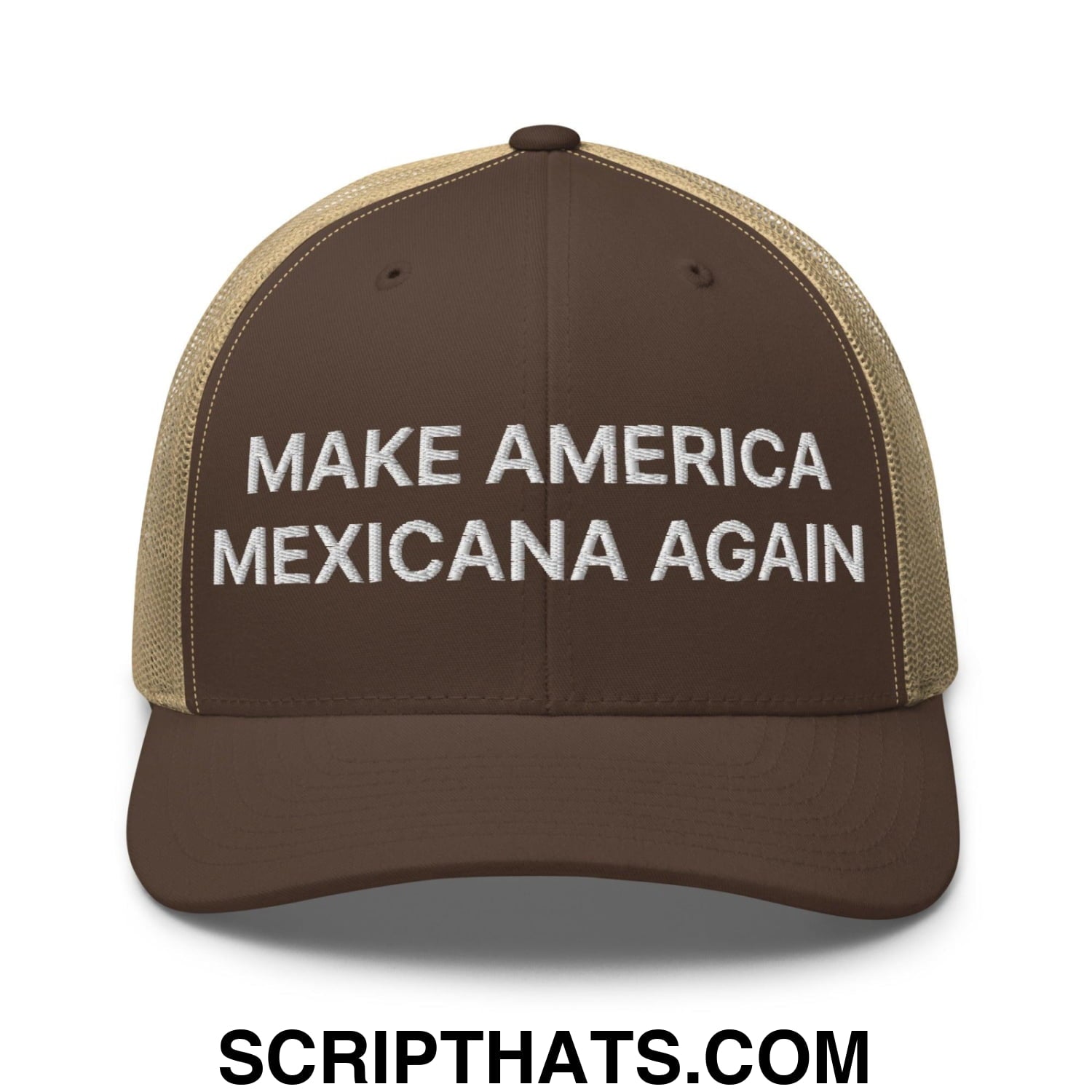 Make America Mexicana Again Claudia Sheinbaum Embroidered Retro Mesh Trucker Hat Brown Khaki