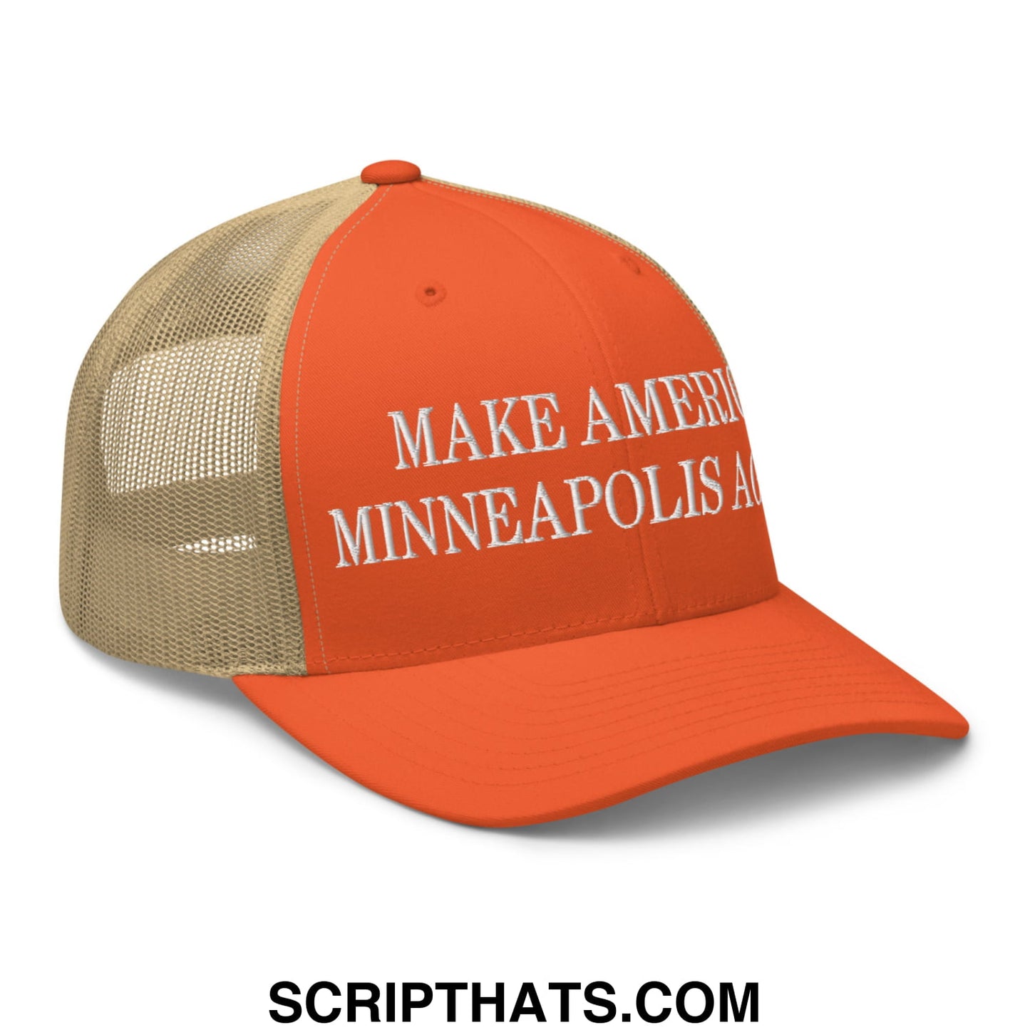 Make America Minneapolis Again Embroidered Mesh Trucker Hat Rustic Orange Khaki