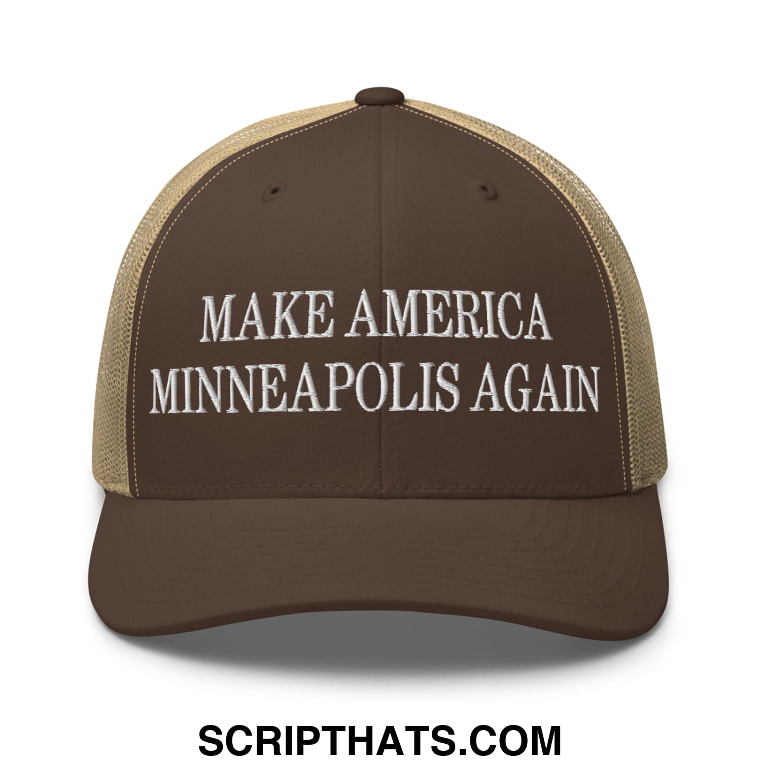 Make America Minneapolis Again Embroidered Mesh Trucker Hat Brown Khaki