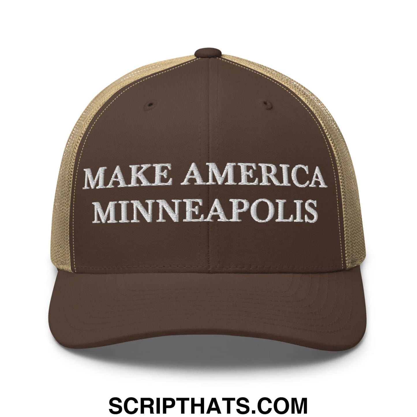 Make America Minneapolis Embroidered Mesh Trucker Hat Brown Khaki