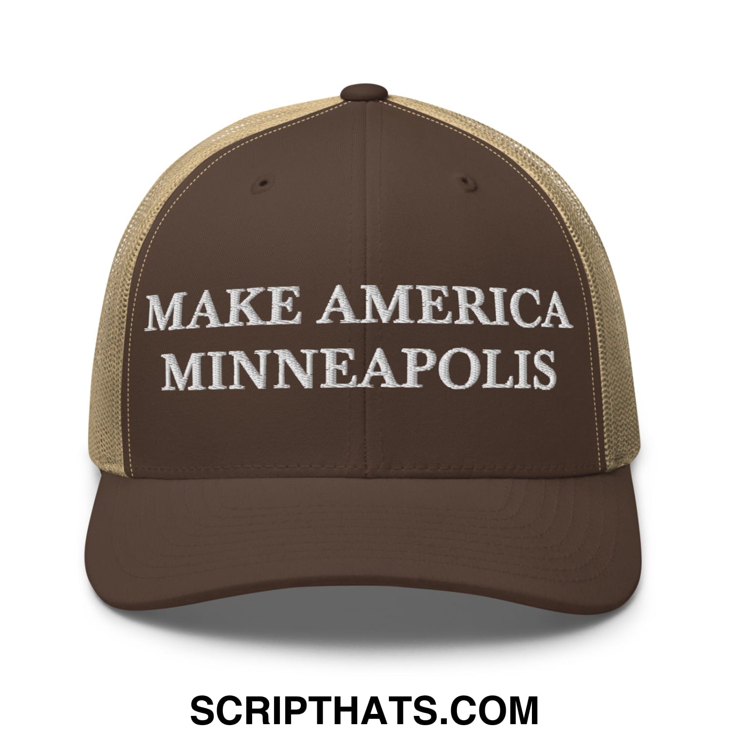 Make America Minneapolis Embroidered Mesh Trucker Hat Brown Khaki
