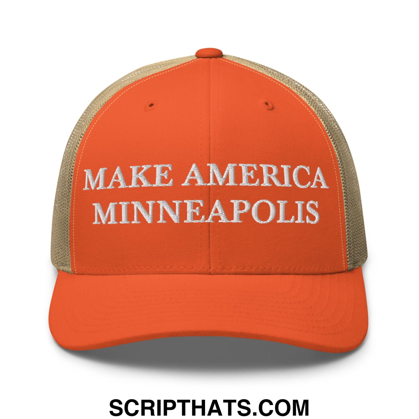 Make America Minneapolis Embroidered Mesh Trucker Hat Rustic Orange Khaki