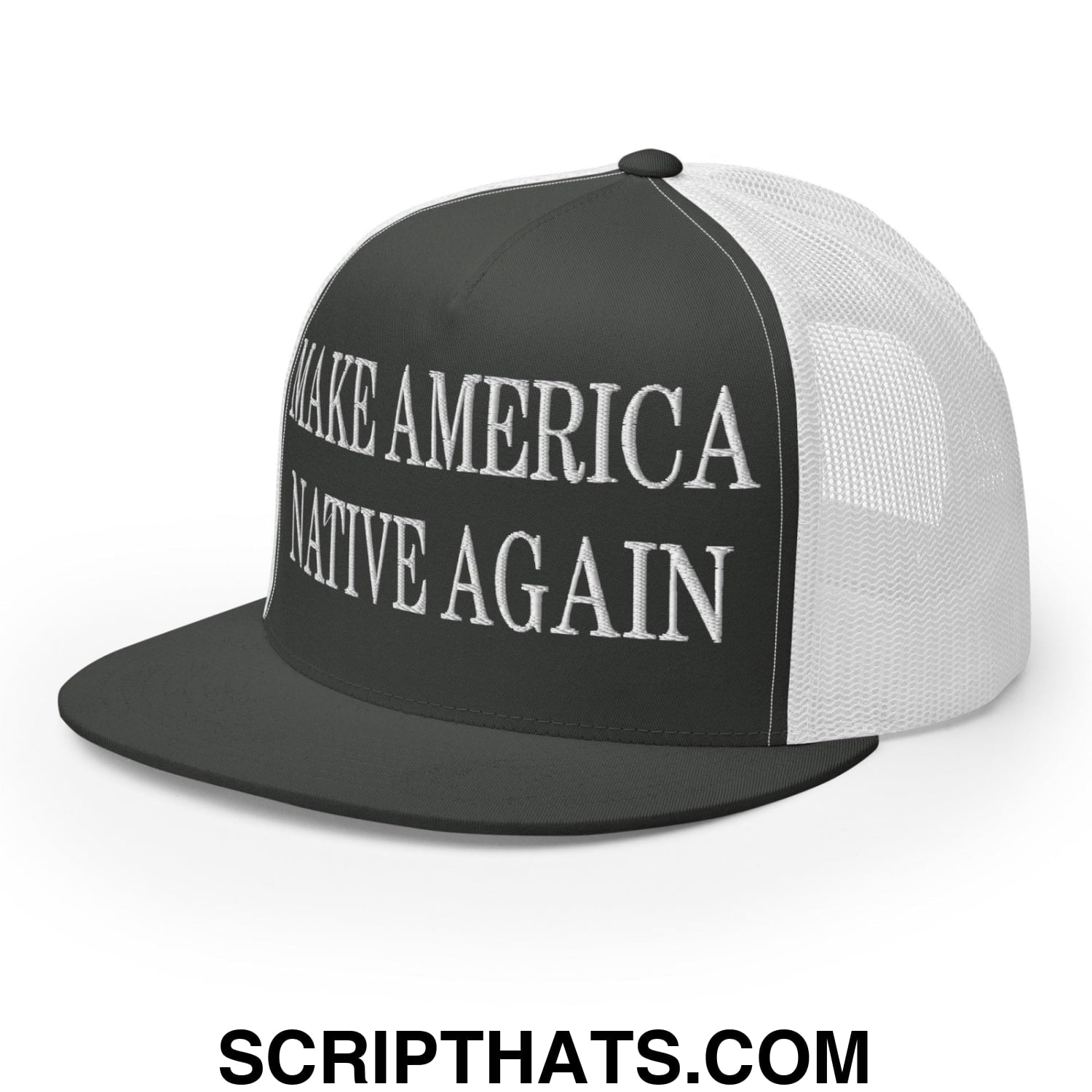 Make America Native Again Embroidered Mesh Flat Bill Brim Trucker Hat Charcoal White