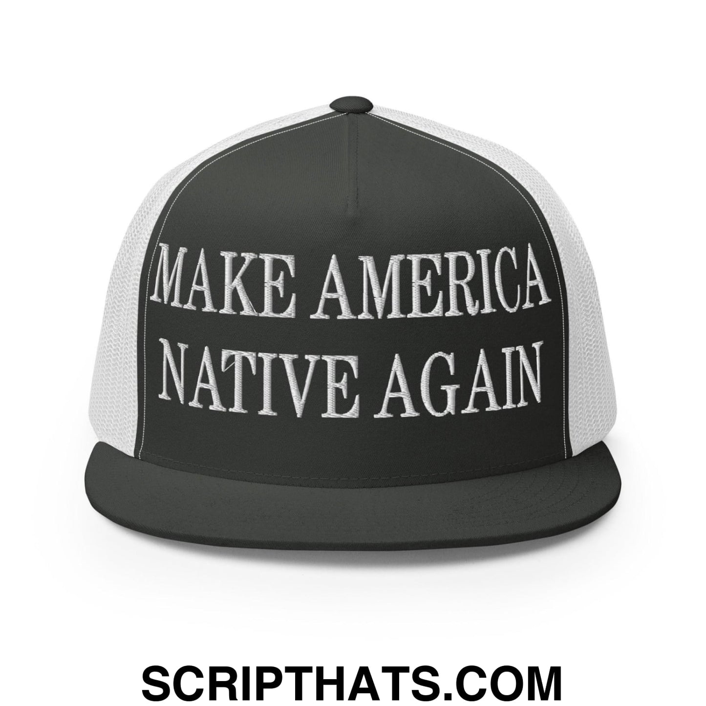 Make America Native Again Embroidered Mesh Flat Bill Brim Trucker Hat Charcoal White