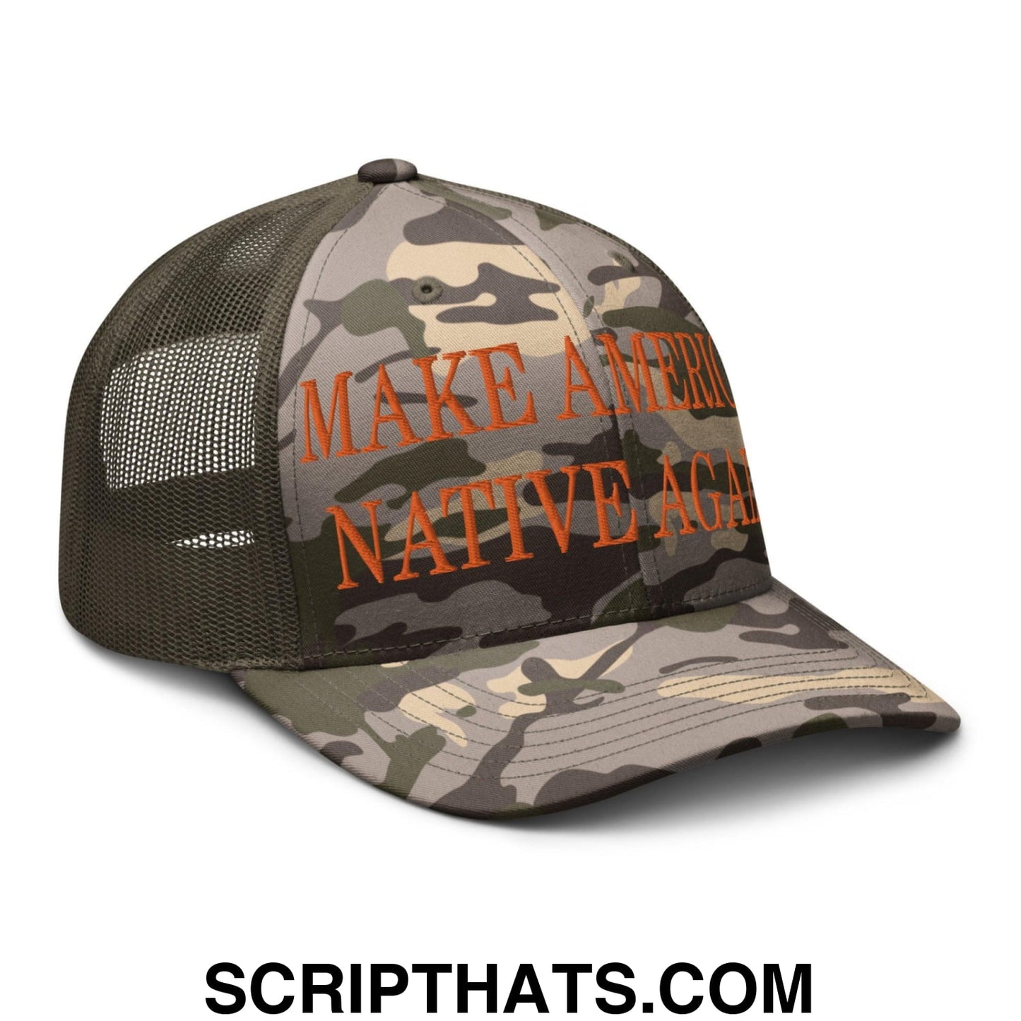 Make America Native Again Embroidered Orange Camo Trucker Hat Camo Olive