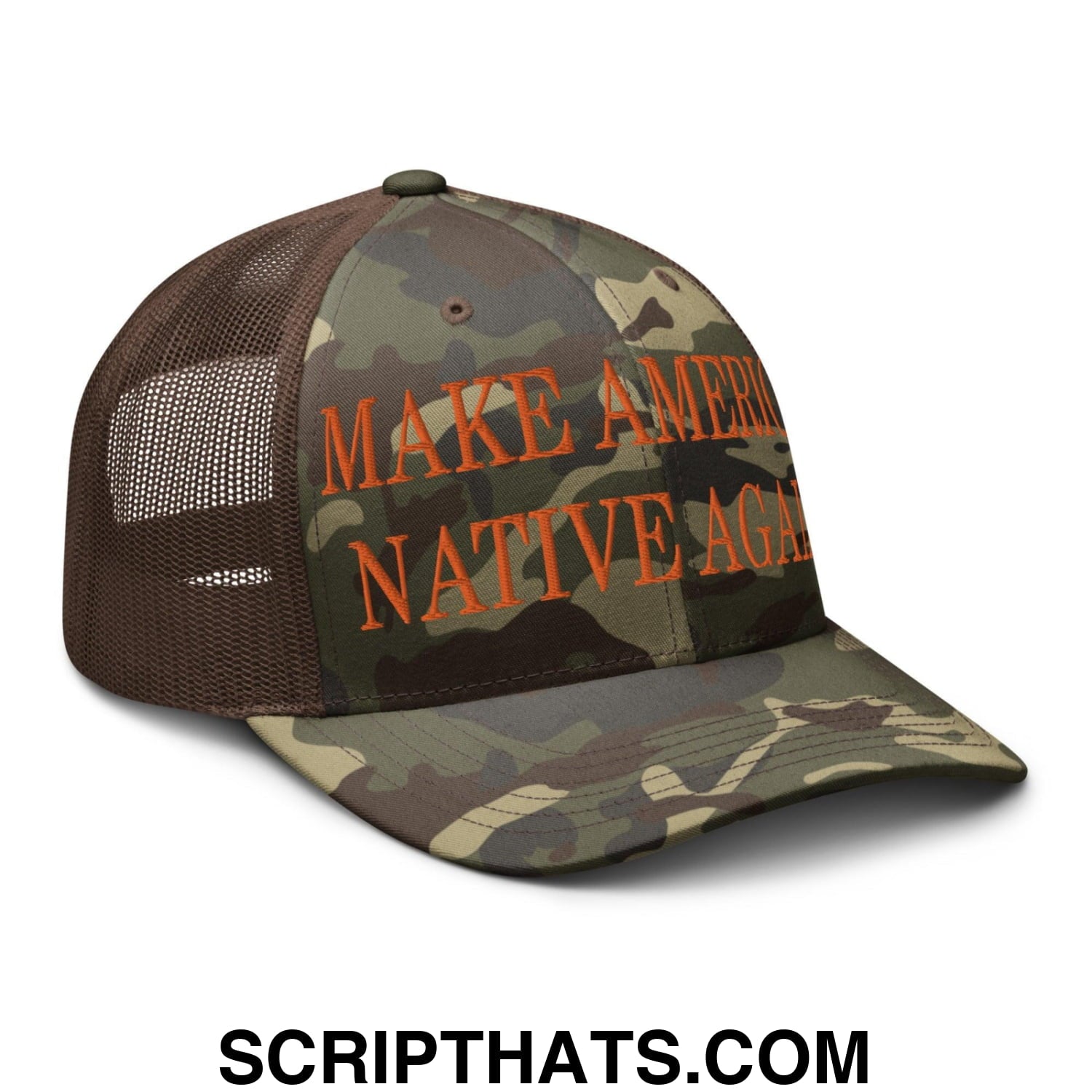 Make America Native Again Embroidered Orange Camo Trucker Hat Camo Brown