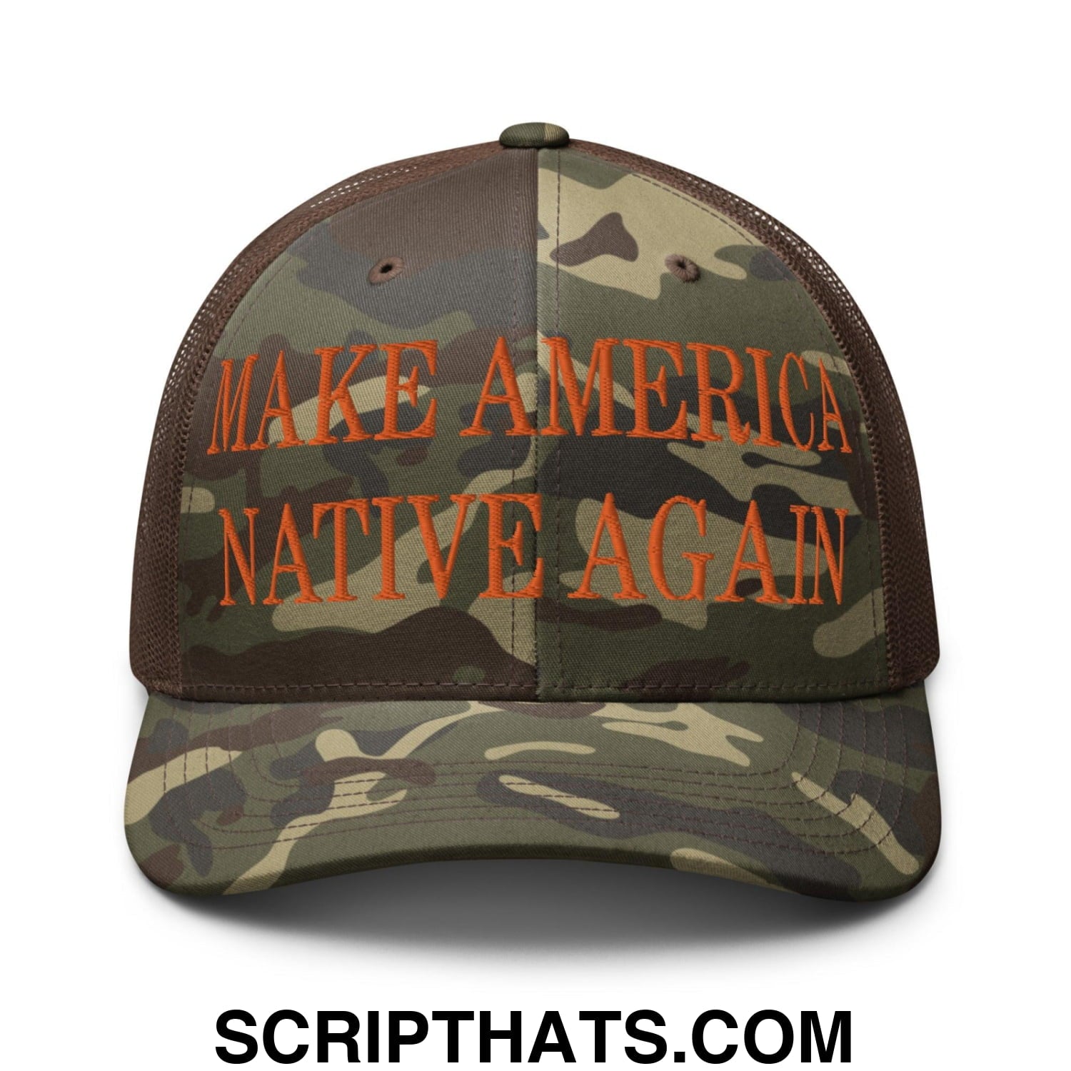 Make America Native Again Embroidered Orange Camo Trucker Hat Camo Brown