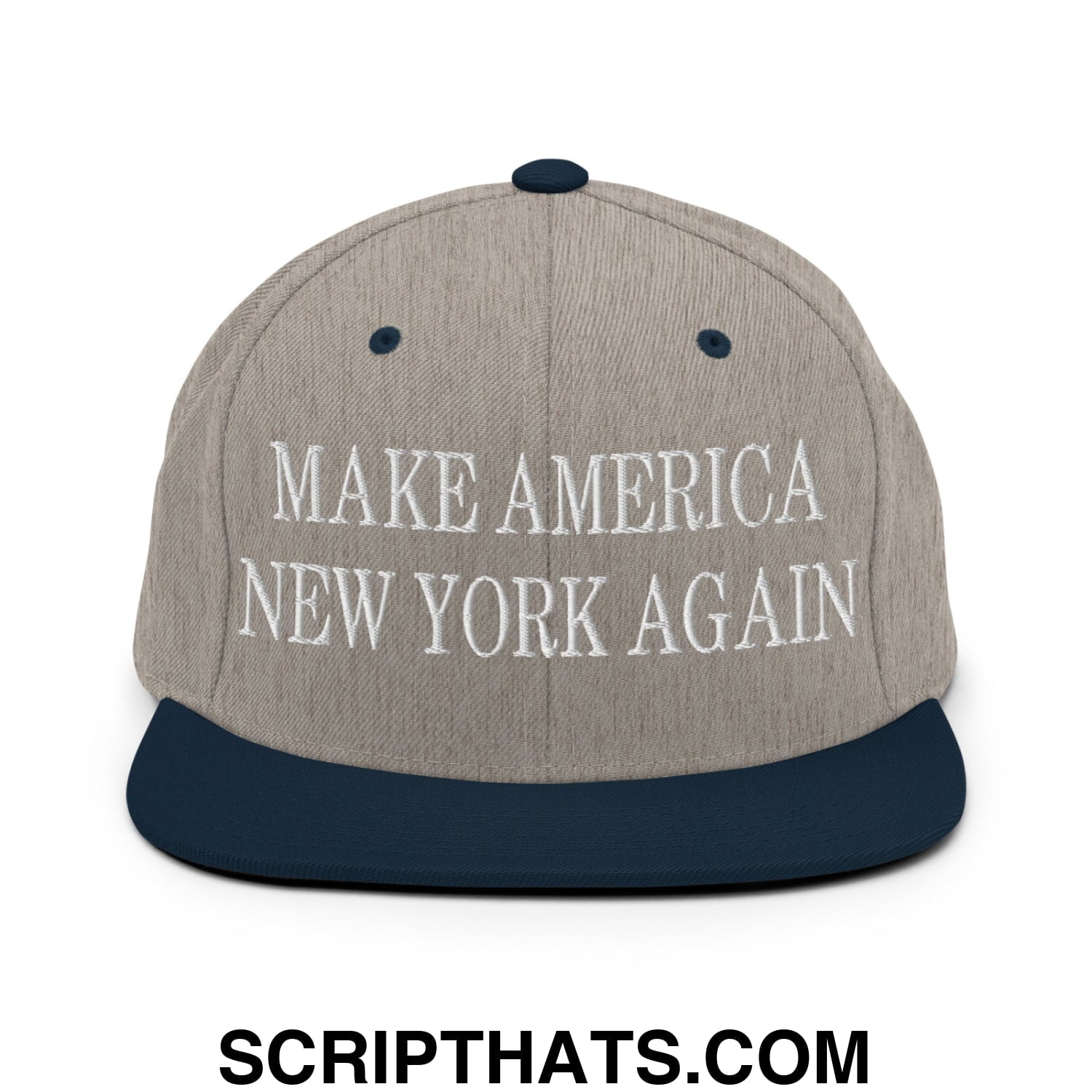 Make America New York Again Embroidered Flat Bill Brim Snapback Hat Heather Grey Navy