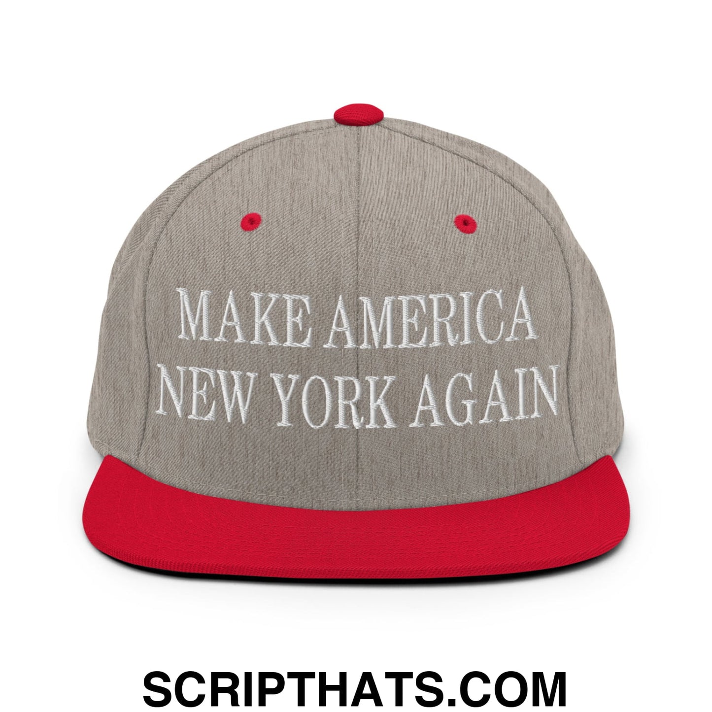 Make America New York Again Embroidered Flat Bill Brim Snapback Hat Heather Grey Red
