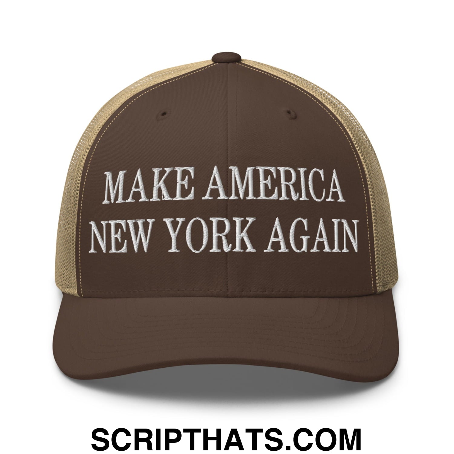 Make America New York Again Embroidered Mesh Trucker Hat Brown Khaki