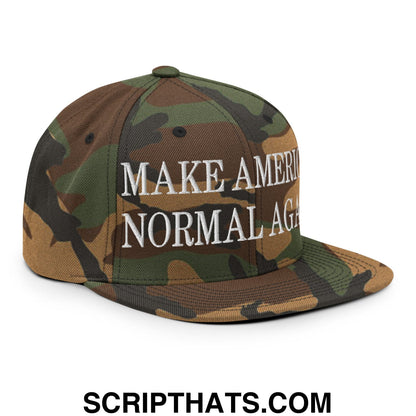 Camouflage snapback cap with white embroidered make america normal again text and flat bill brim