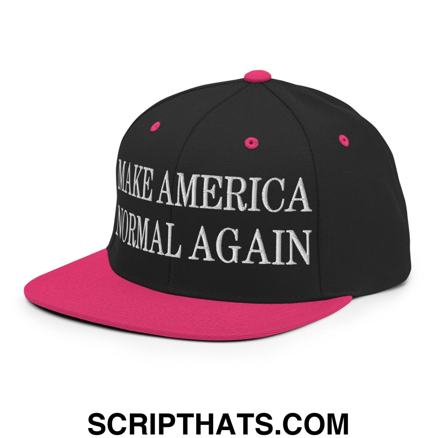 Black snapback cap with vibrant pink brim and button featuring white embroidered make america normal again text