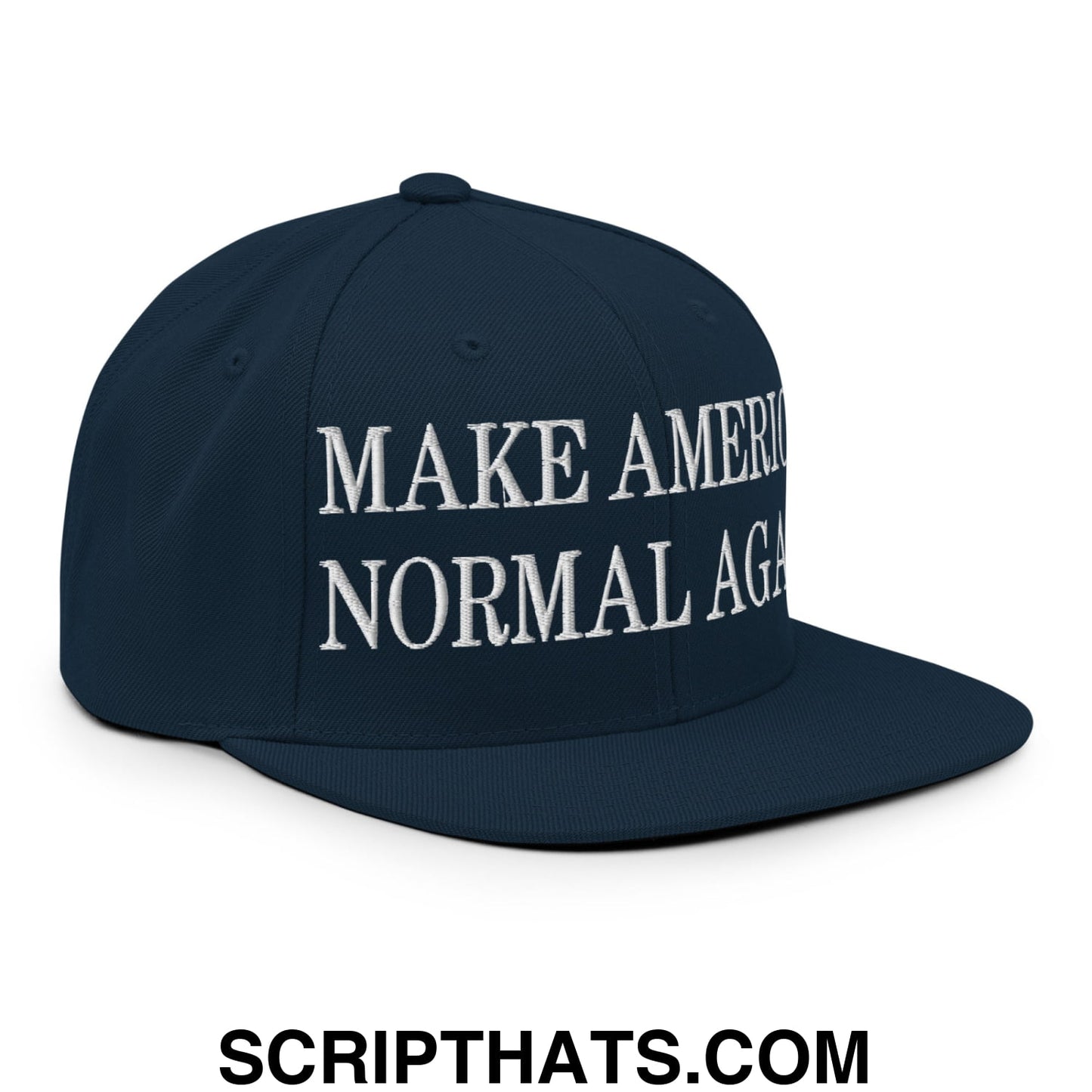 Navy blue snapback hat with white embroidered make america normal again text and flat bill brim design