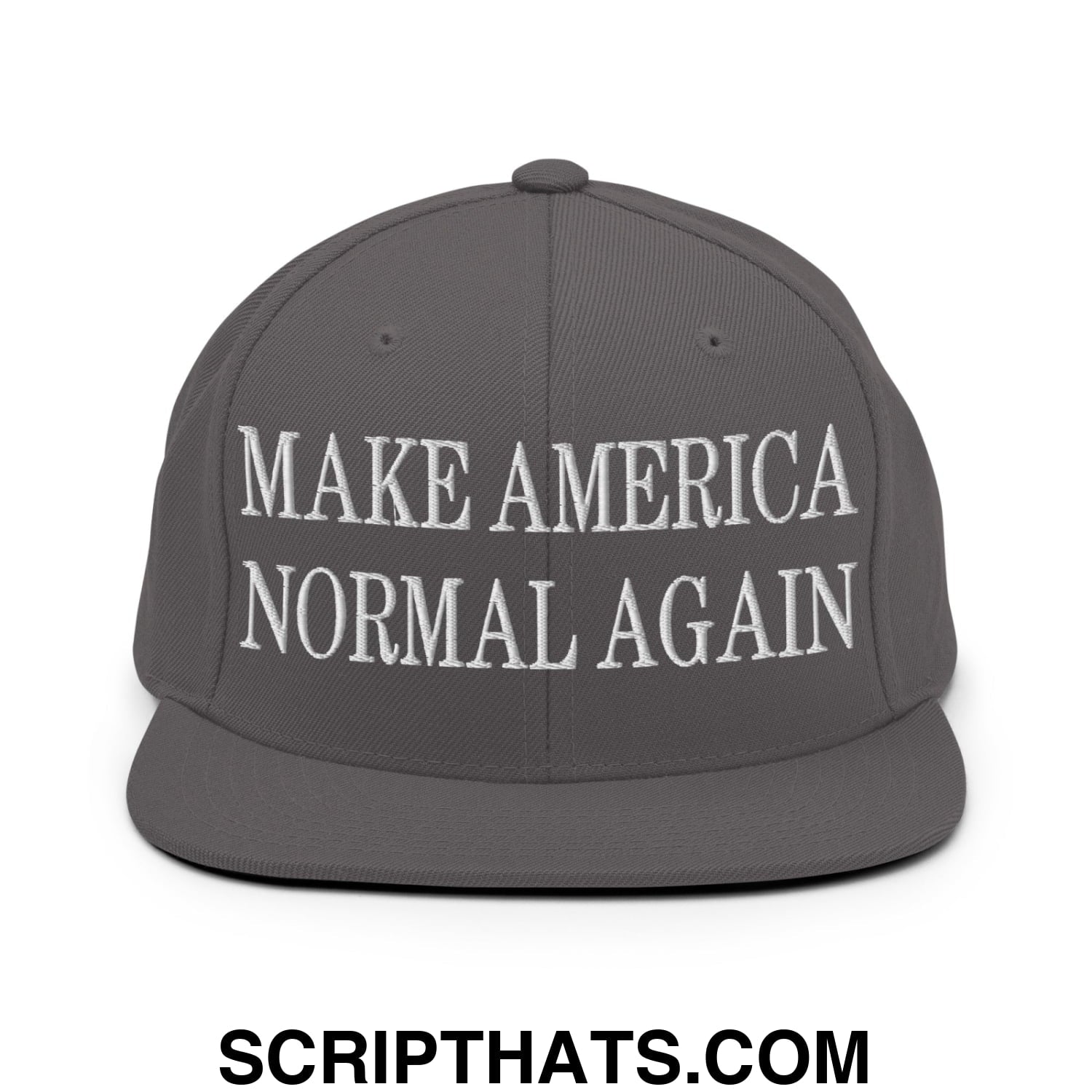 Gray flat bill snapback hat with white embroidered text reading make america normal again for casual wear
