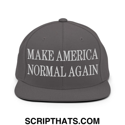 Gray flat bill snapback hat with white embroidered text reading make america normal again for casual wear