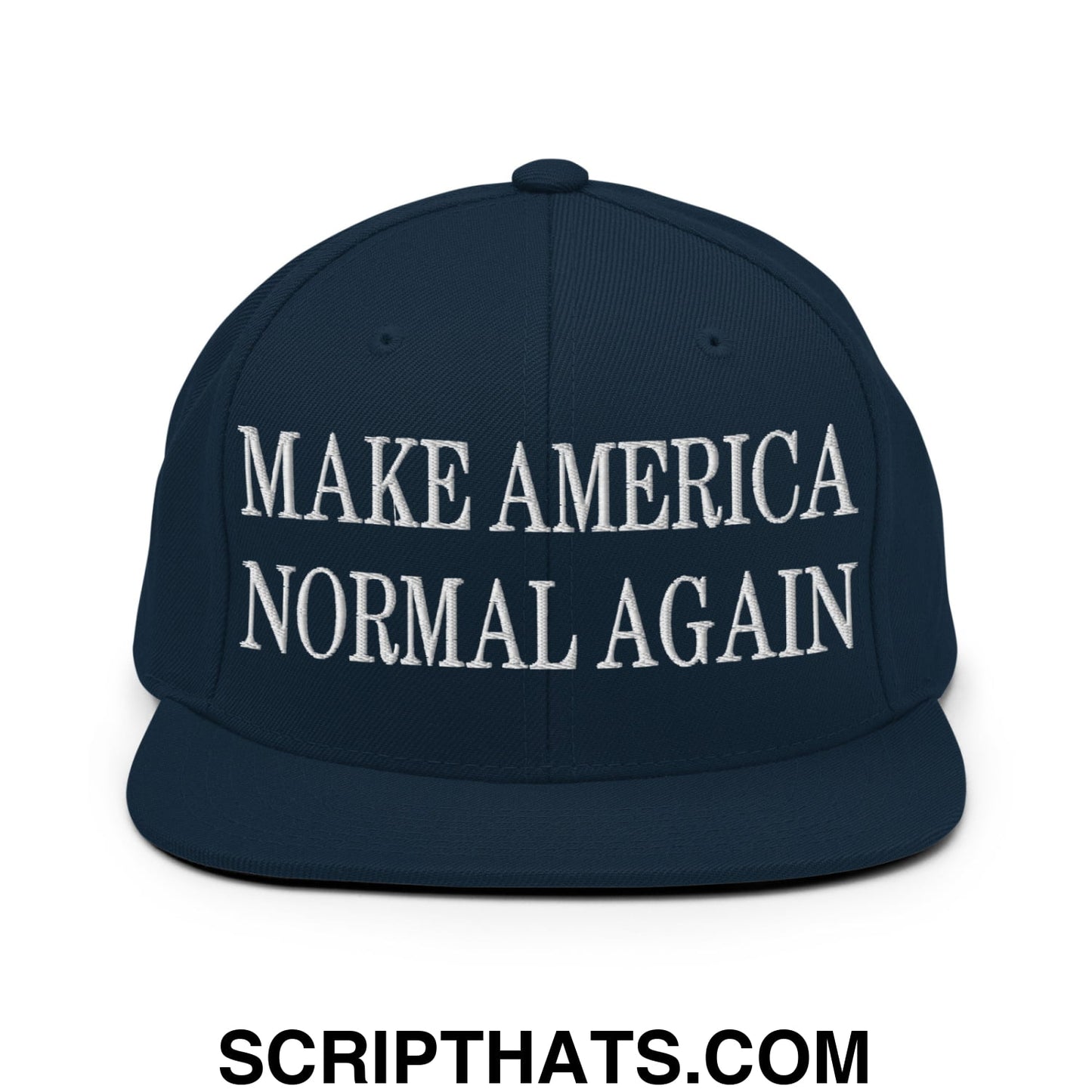 Navy blue snapback hat with a flat bill and white embroidered make America normal again text