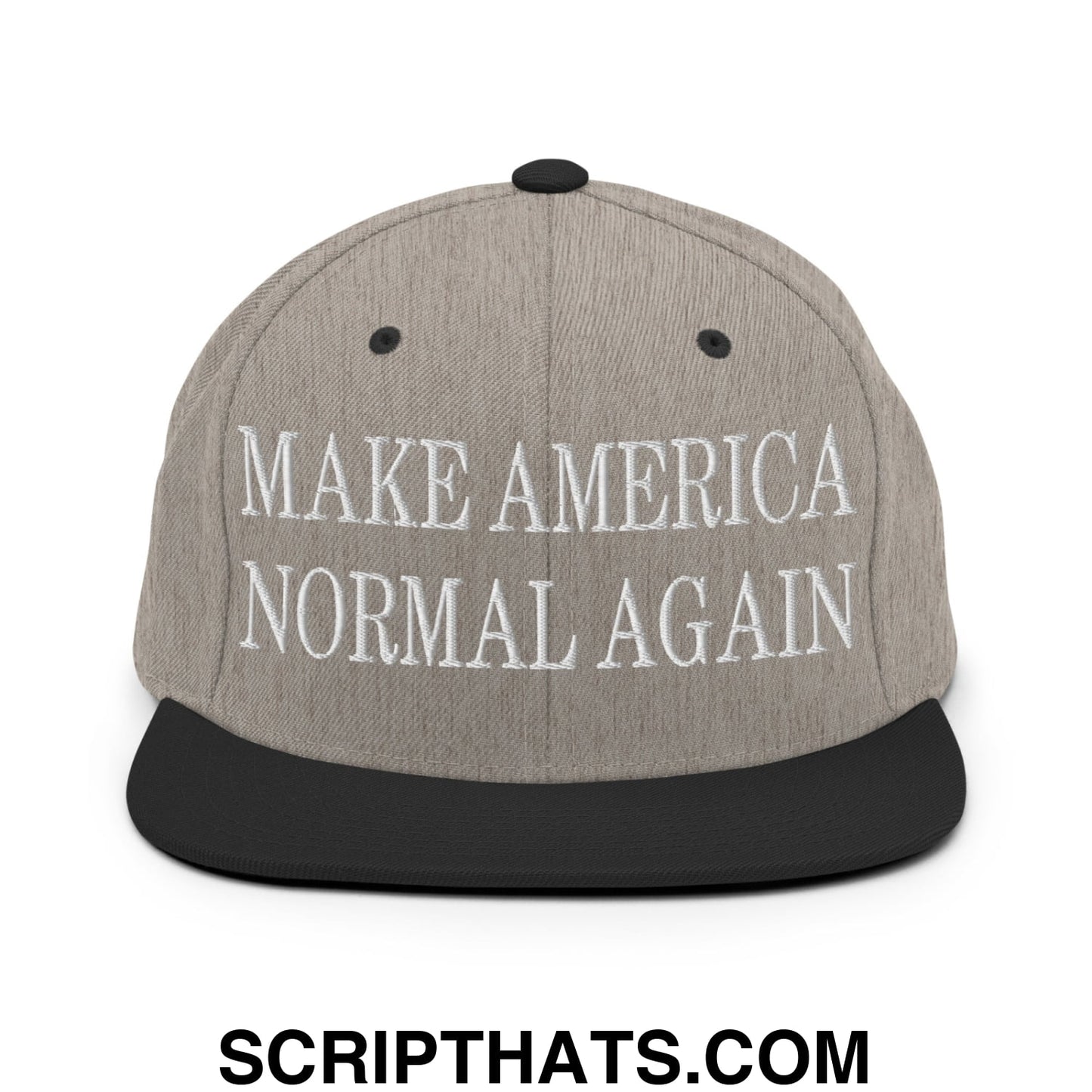Gray snapback hat with black brim and embroidered white text make America normal again flat bill brim design
